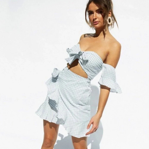 Sabo Blue/White Zita Gingham Front Bow Cut Out Coquette Girly Mini Dress Size L - Picture 1 of 11